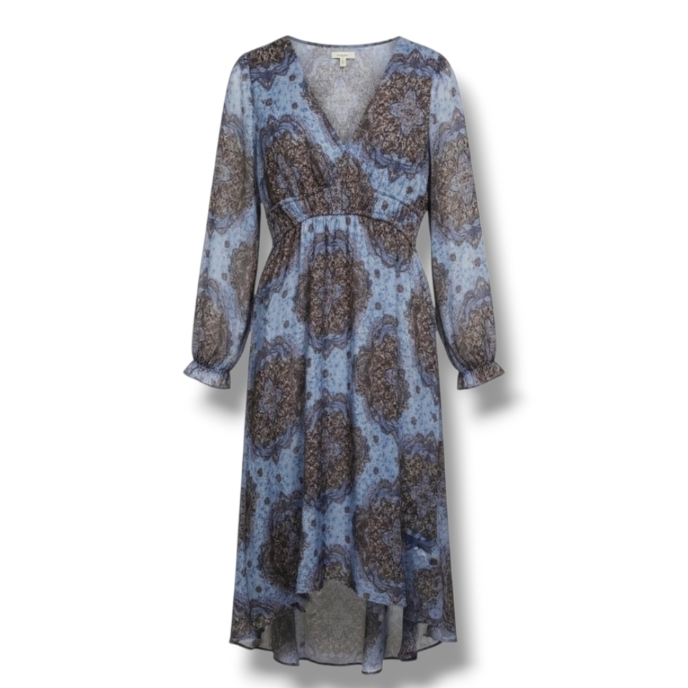 Maurices women's blue paisley sharkbite hemline empire waist dress - small
